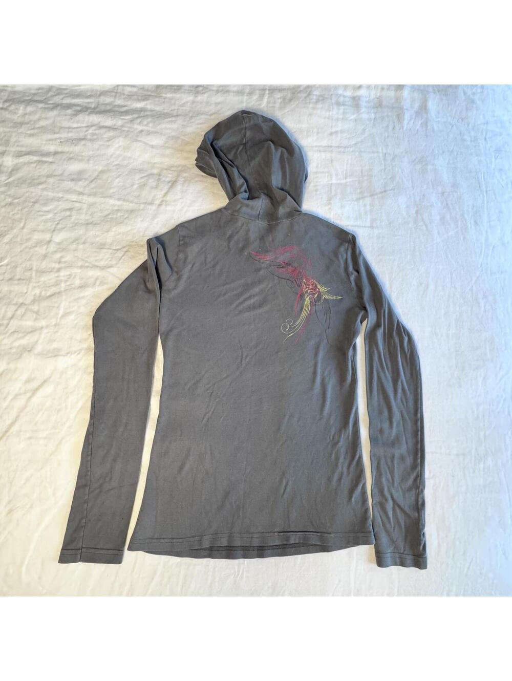 Y2K hooded long sleeve t-shirt grey with red and gold shoulder flourish size L